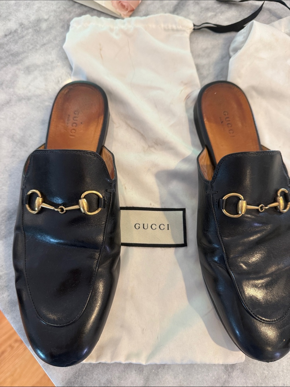 Gucci Black Leather Horsebit Mules with Gold Hardware